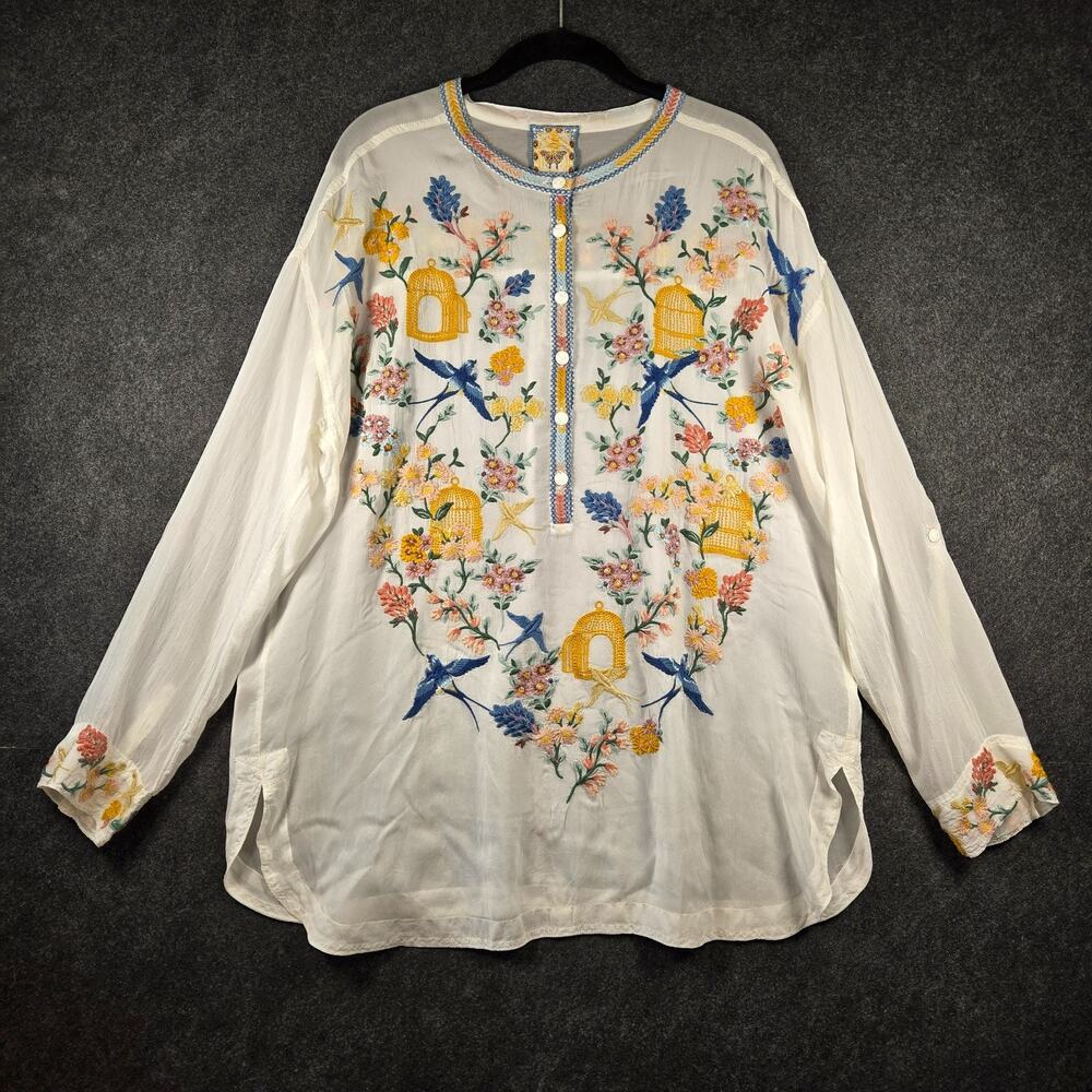 Johnny Was Zitka Zinnia Embroidered Bird Birdcage Floral Blouse White Large